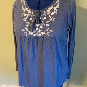 Soft denim blue knit embroidered peasant top
